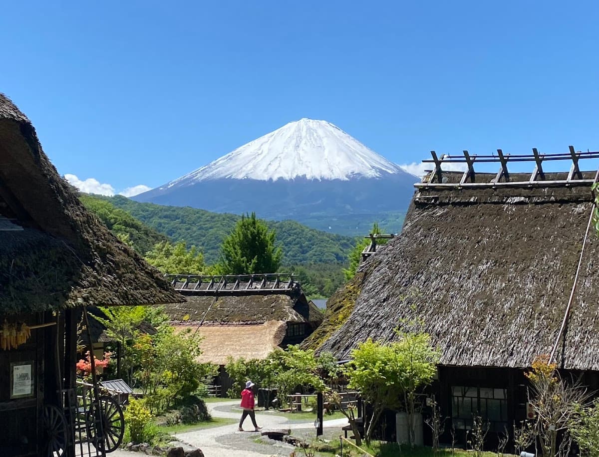 西湖 いやしの里根場 茅葺き屋根と富士山